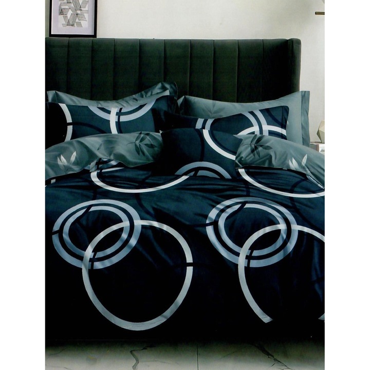 Спално бельо от фино двойно памучно бельо 6 части с ластик на чаршафа 180 x 200 см, Circles, Alexandru Grey, Ralex Pucioasa HF6P154