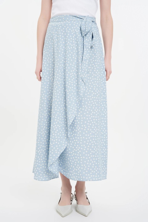GreenPoint, Fusta midi petrecuta cu model, Alb/Albastru pastel