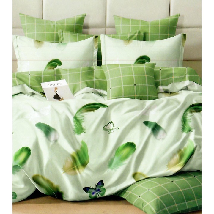 Спално спално бельо от фино двойно памучно бельо 6 части с ластик на чаршафа 180 x 200 см, Fluturasi, White Green, Ralex Pucioasa HF6P157