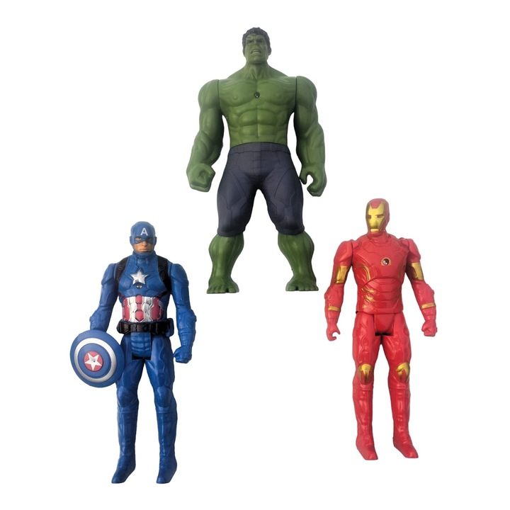 3 db Bosszúálló figura készlet LED-del, Amerika Kapitány, Hulk, Vasember, 22 cm, tarka