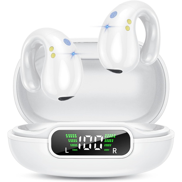 Слушалки с щипка за ухо, VALA® Q92, безжичен Bluetooth 5.3, вграден микрофон, 36H автономност, калъф за зареждане с LED дисплей, IP7 водоустойчив, фитнес, бягане, бял