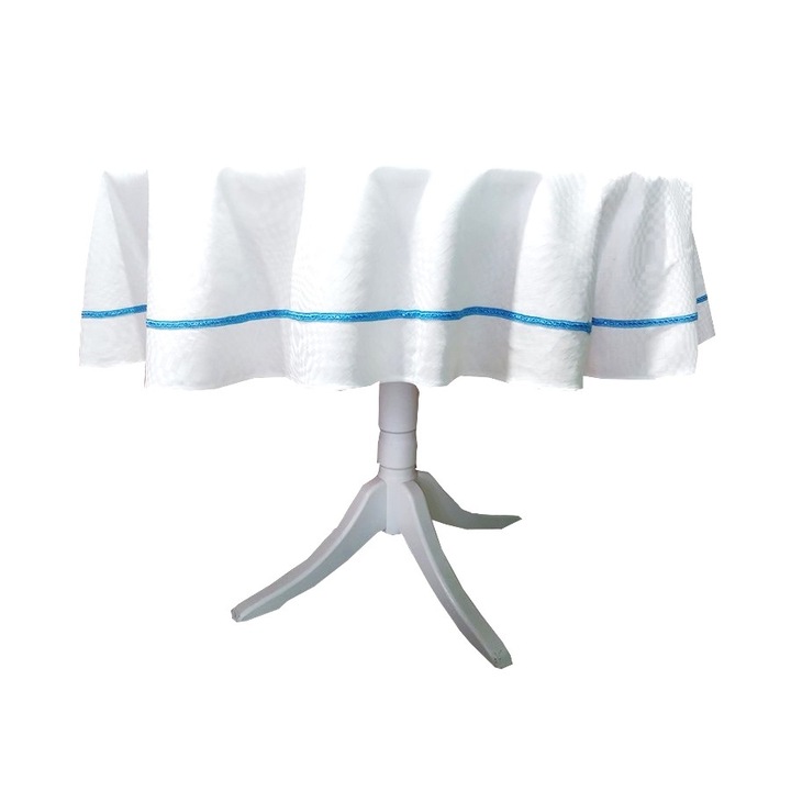 Kerek terítő, D 140 cm, Casa Bucuriei, fehér, 100% pamut, kék gallon kivitel