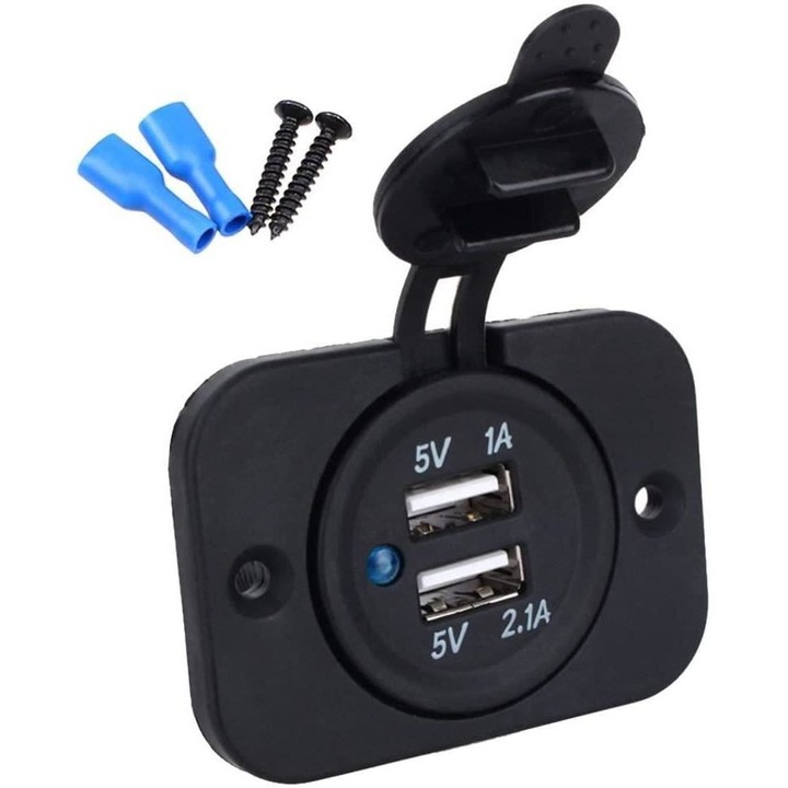 Priza cu 2 USB incastrabila, 12-24v, cu LED albastru SPP03