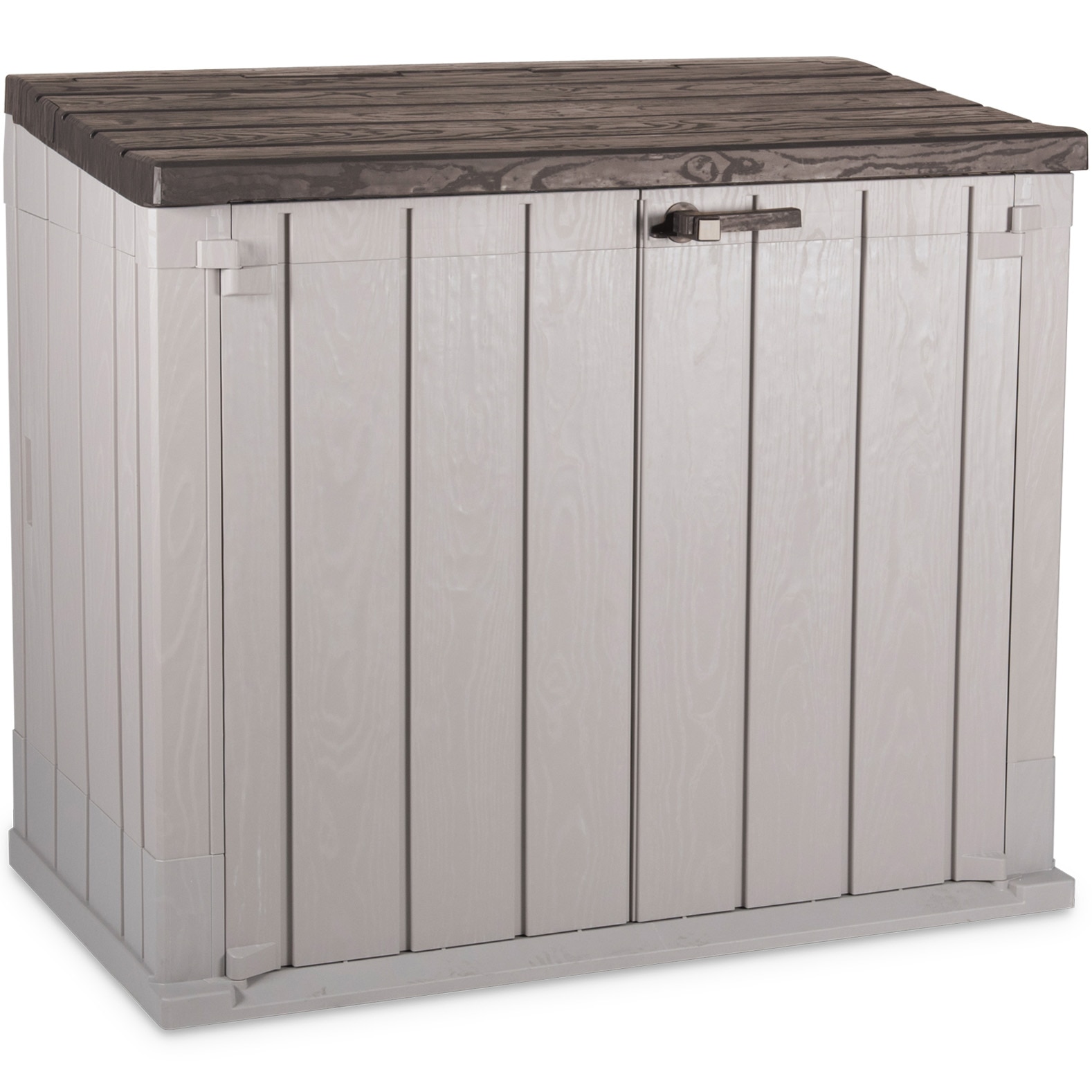 Dulap depozitare pentru gradina Storer Plus Toomax, 129.5x74.5 cm, inaltime 111 cm, volum 842 litri, plastic rezistent la radiatiile UV, gri-deschis/maro