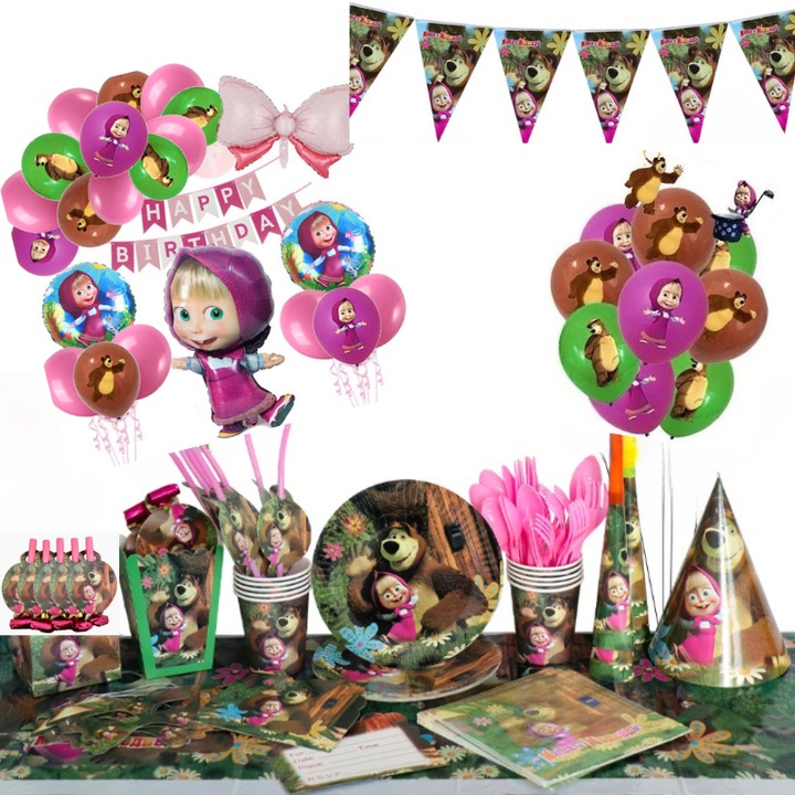 Set 109 piese vesela petrecere Masha si Ursul pentru 10 copii ANTADESIM, servirea mesei si decorare cu pahare, farfurii, linguri, furculite, cutite, servetele, paie, 6 dragoni de suflat, coifuri, stegulete decorative, fata de masa, baloane, Verde si roz