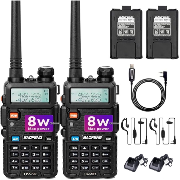 Комплект от 2 портативни радиостанции, Baofeng UV-5R, двулентов VHF/UHF, 8W, 128 канала, LED фенерче, 2800mAh