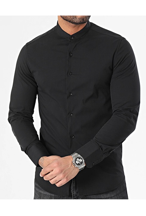 Camasa barbati slim fit, tunica, bumbac, Negru
