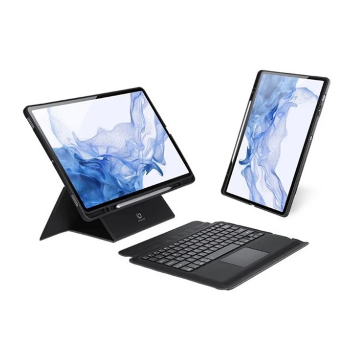 Dux ducis tabletvédő álló, bőr hatású, flip, mágneses bluetooth billentyűzet, asztali tartó, qwerty, angol nyelvű, fekete, kompatibilis: Samsung Galaxy Tab S7 FE 5G, SM-T736, / Galaxy Tab S7 FE WIFI 12.4, SM-T733, / Galaxy Tab S7 FE WIFI, SM-T730