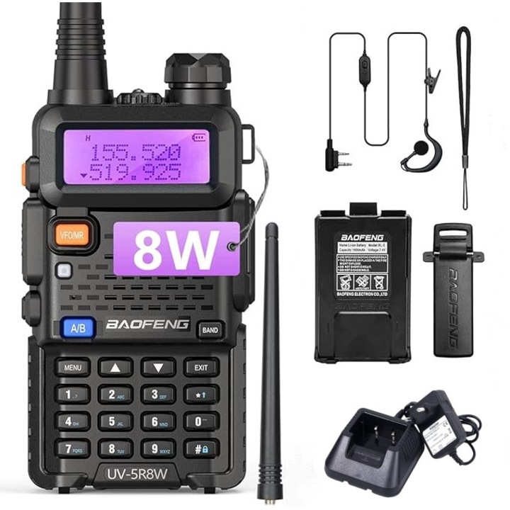 Statie radio, Baofeng UV-5R, 8W Dual Band, 128 canale, lanterna LED, 2800mAh, negru