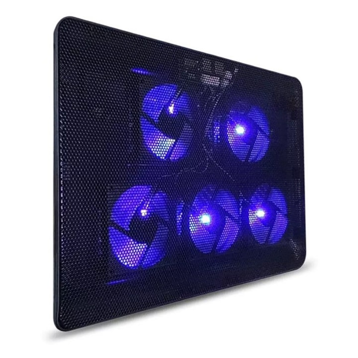 Cooler Laptop TNS®, 5 Ventilatoare Iluminate cu LED-uri Albastre, 3 Moduri de Functionare, Compatibil Laptop 12-17 inch, Doua Porturi USB, Reglare Lumini si Ventilatoare, Reglare Unghi Inclinare, Silentios, 36x26x2 cm, Negru