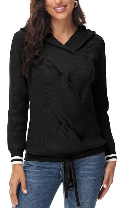 Női kötött pulóver kapucnival, fekete, S, TrendiMax