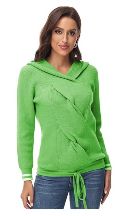 Női kötött pulóver kapucnival, zöld, L, TrendiMax