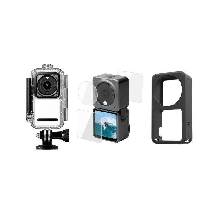 Комплект от 3 аксесоара за спортна видеокамера DJI OSMO Action 2, подводен калъф, силиконов защитен капак, 3 защитни фолиа за екран и обектив, бързо освобождаване, фиксиращ винт