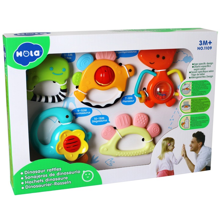 Комплект 5 играчки за зъби Hola - Динозаври, Многоцветен