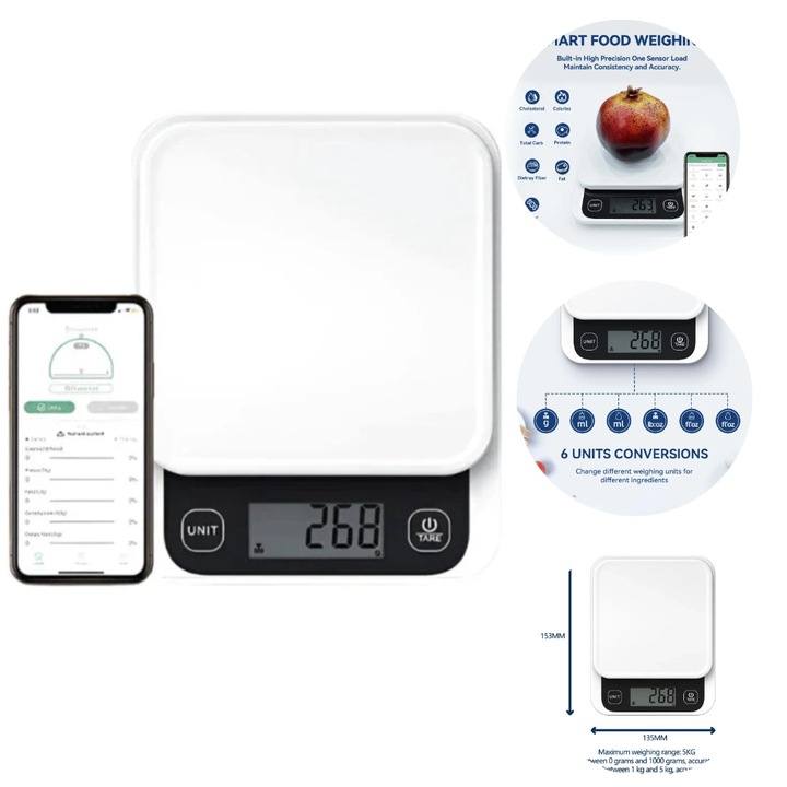 Cantar de bucatarie inteligent, calculator calorii, grasimi, carbohidrati, 24 indici nutritionali, aplicatie IOS/Android, integrare Apple Health & Fitbit, ALB. Manolex®