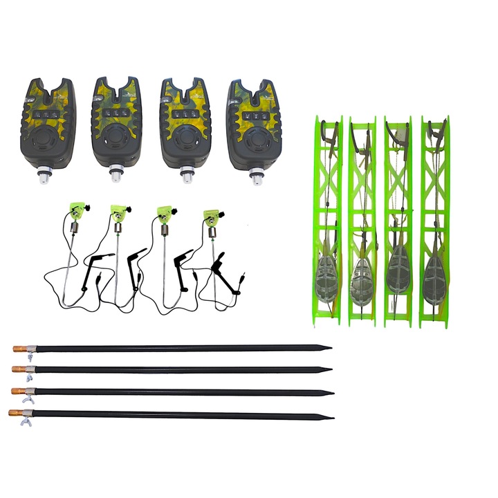 Set 4 senzori EastShark camuflaj cu baterii, 4 suporti reglabili, 4 Swinger cu tija si greutate reglabila si 4 monturii crap caras cu momitor de 30g