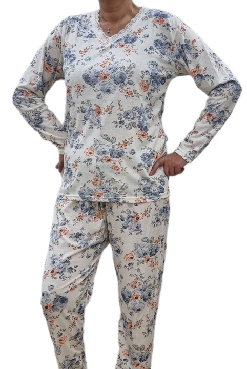 Pijama dama imprimeu floral, Alb/Portocaliu/Albastru