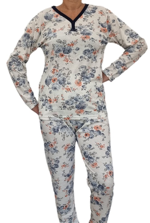 Pijama dama imprimeu floral, bumbac/lycra, alb/portocaliu/albastru XL INTL