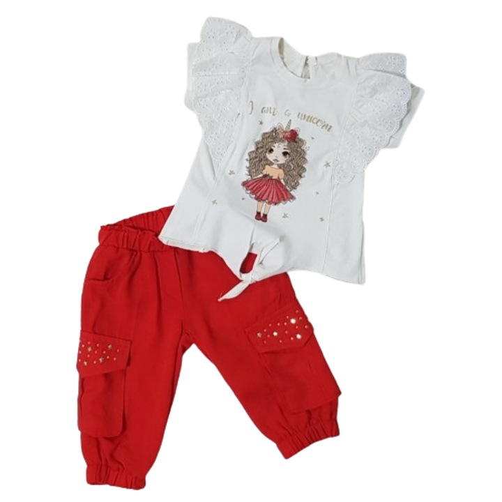 Compleu vara 2 piese, tricou alb cu broderie, pantaloni rosii bufanti