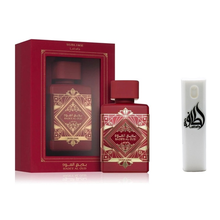 Set Apa de parfum, Lattafa BADEE AL OUD Sublime, unisex cu Kit Travel Reincarcabil 10 ml