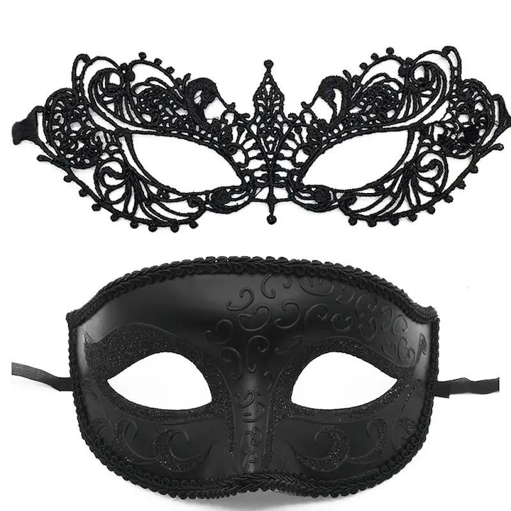 Комплект от две карнавални маски, идеални за абитуриентски бал, косплей, хелоуин, фентъзи, скриваща самоличност, универсален размер, черна