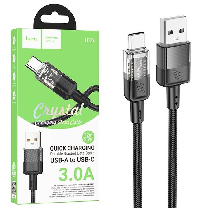 Cablu Hoco de Incarcare si transfer Date, 1.2m, conectori USB-A la USB-C, cu invelis Textil, transmisie 3A, 18W, Spirit Series, Negru (U129)