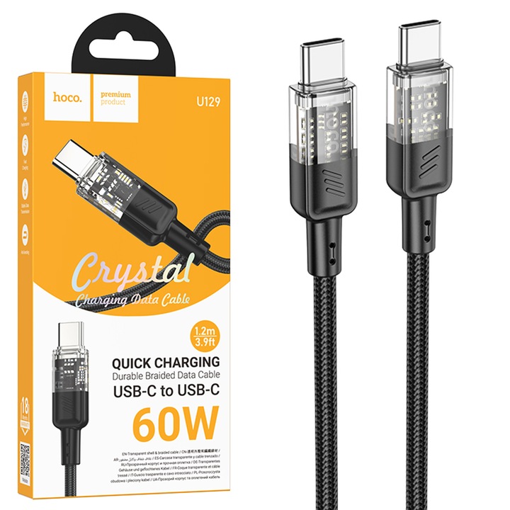 Cablu Hoco, Incarcare si sincronizare Date cu invelis Textil, USB-C la USB-C, 60W, 3A, Fast Charging, Lungime 1.2m, (U129) Negru