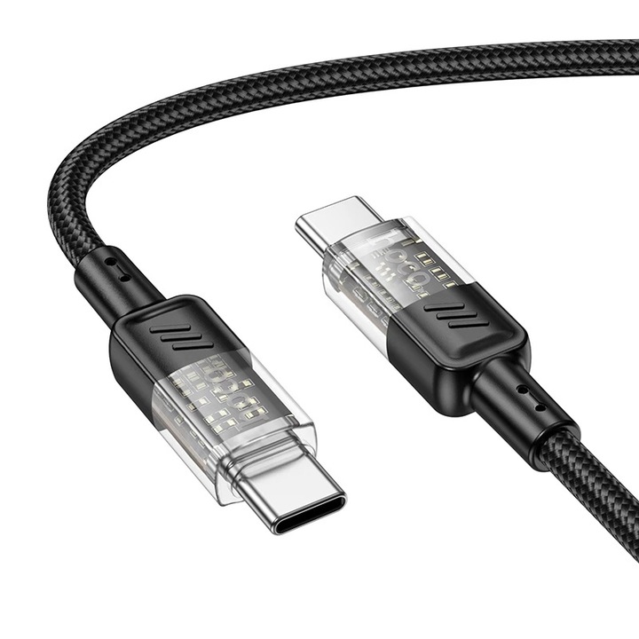 Adat- és töltőkábel textil borítással, Hoco U129, USB-C - USB-C, 60 W, 3A, gyorstöltés, kábel hossza 1,2 m, fekete