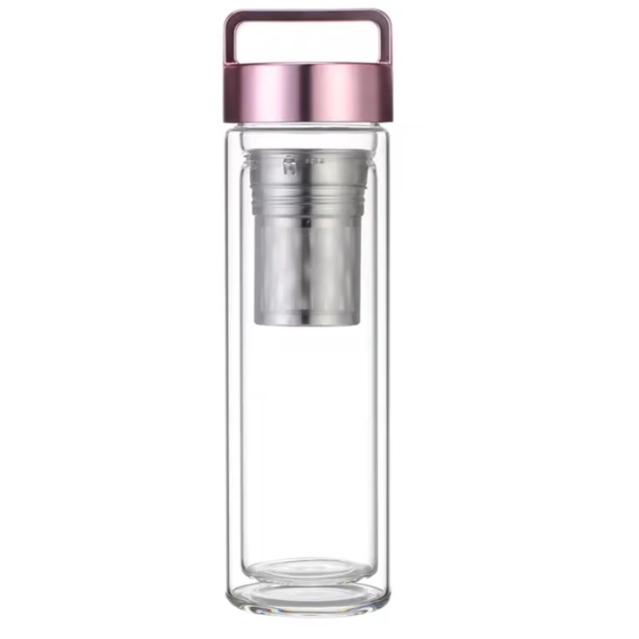 Krasino Gold Rose szűrős palack, dupla falú, boroszilikát üveg, 450 ml, 7 x 26 cm
