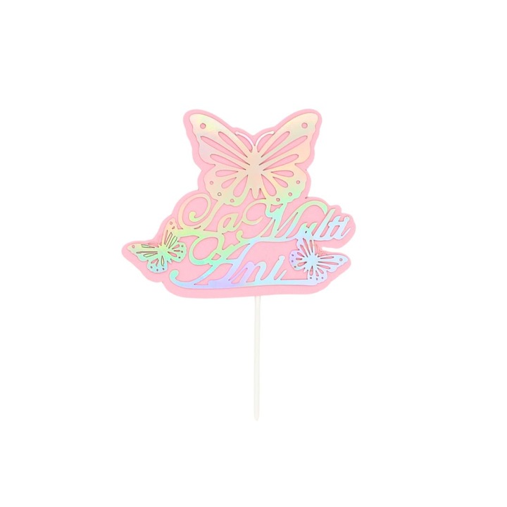 Розово-сребрист топер за торта Happy Birthday