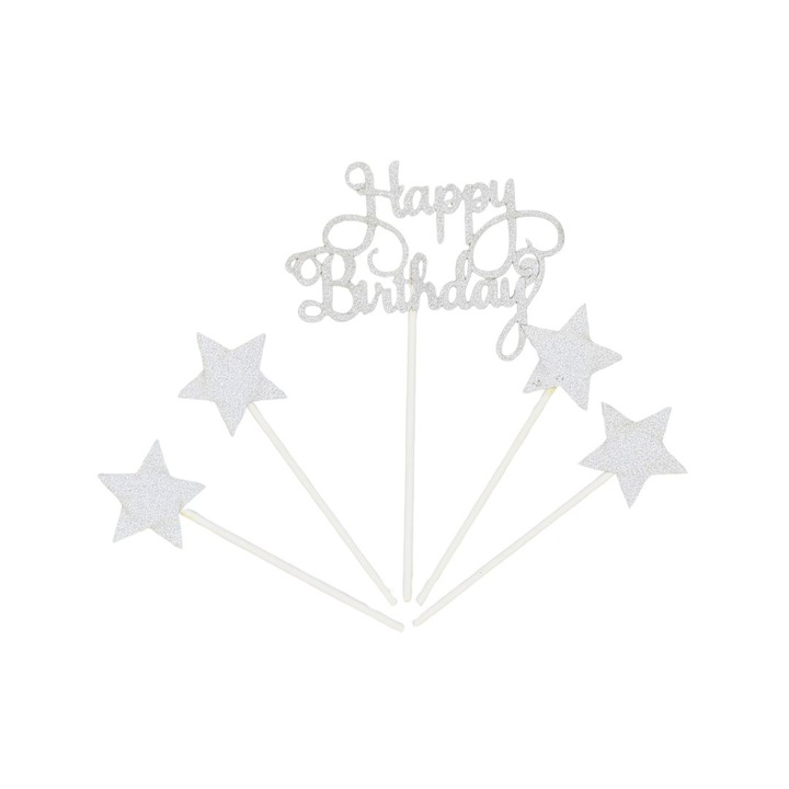 Топер за торта Happy Birthday със сребрист блясък