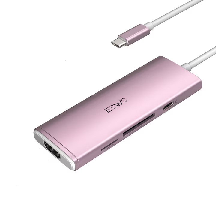 Hub USB-C JESWO NC703, HDMI 4K, USB 3.0, 100W PD, cititor SD/MicroSD, rosegold, 100x37x10mm