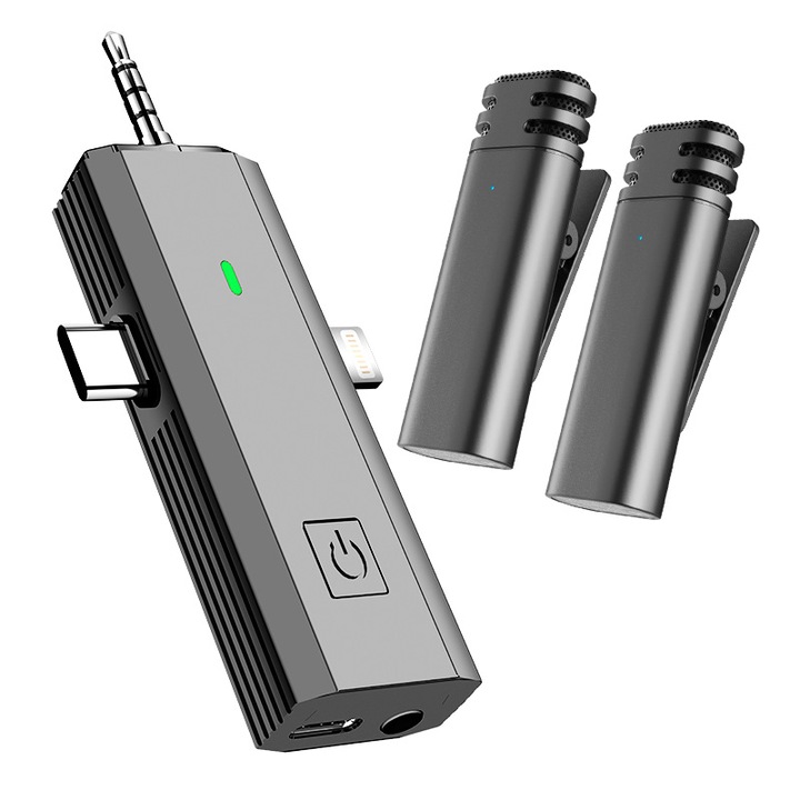Kit 2 microfoane tip lavaliera cu receptor multifunctional, USB C, Lightning (iPhone), Jack 3.5mm, Reincarcabile, Reducerea zgomotului, Plasa anti-vant, Compatibil telefon, Laptop, Camera DSLR