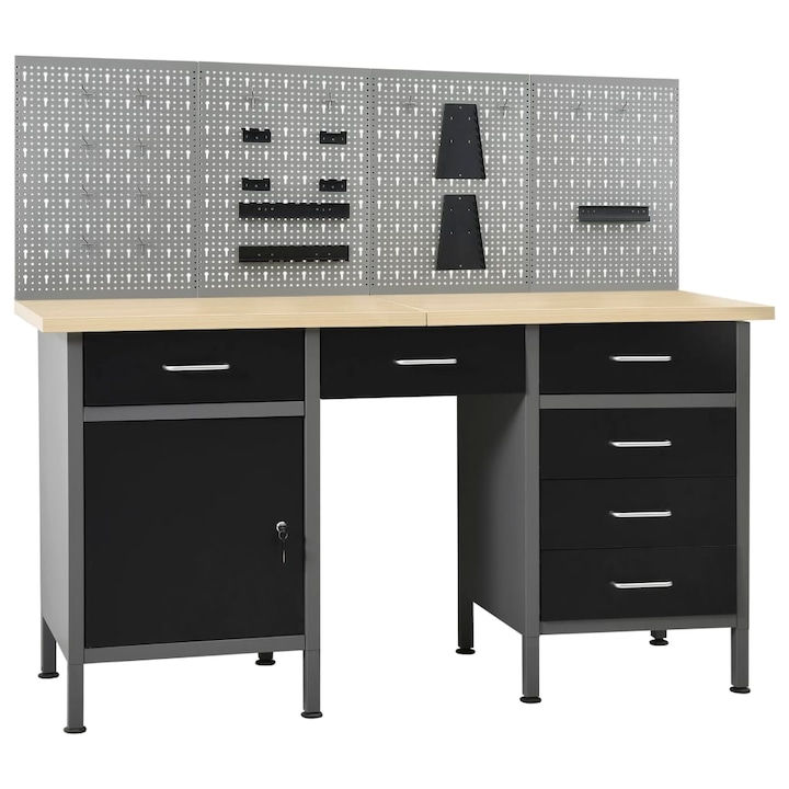 Работна маса Zakito Europe, 6 чекмеджета, 4 перфорирани панела, черен/сив, 160x60x85 см