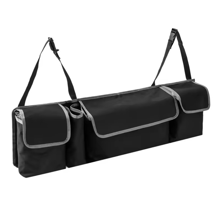 Organizator masina cu prindere pe Tetiere pentru Portbagaj (Spatele banchetei), 3 buzunare cu inchidere velcro si 1 buzunar sticla apa, 90x25x12 cm, universala, Negru