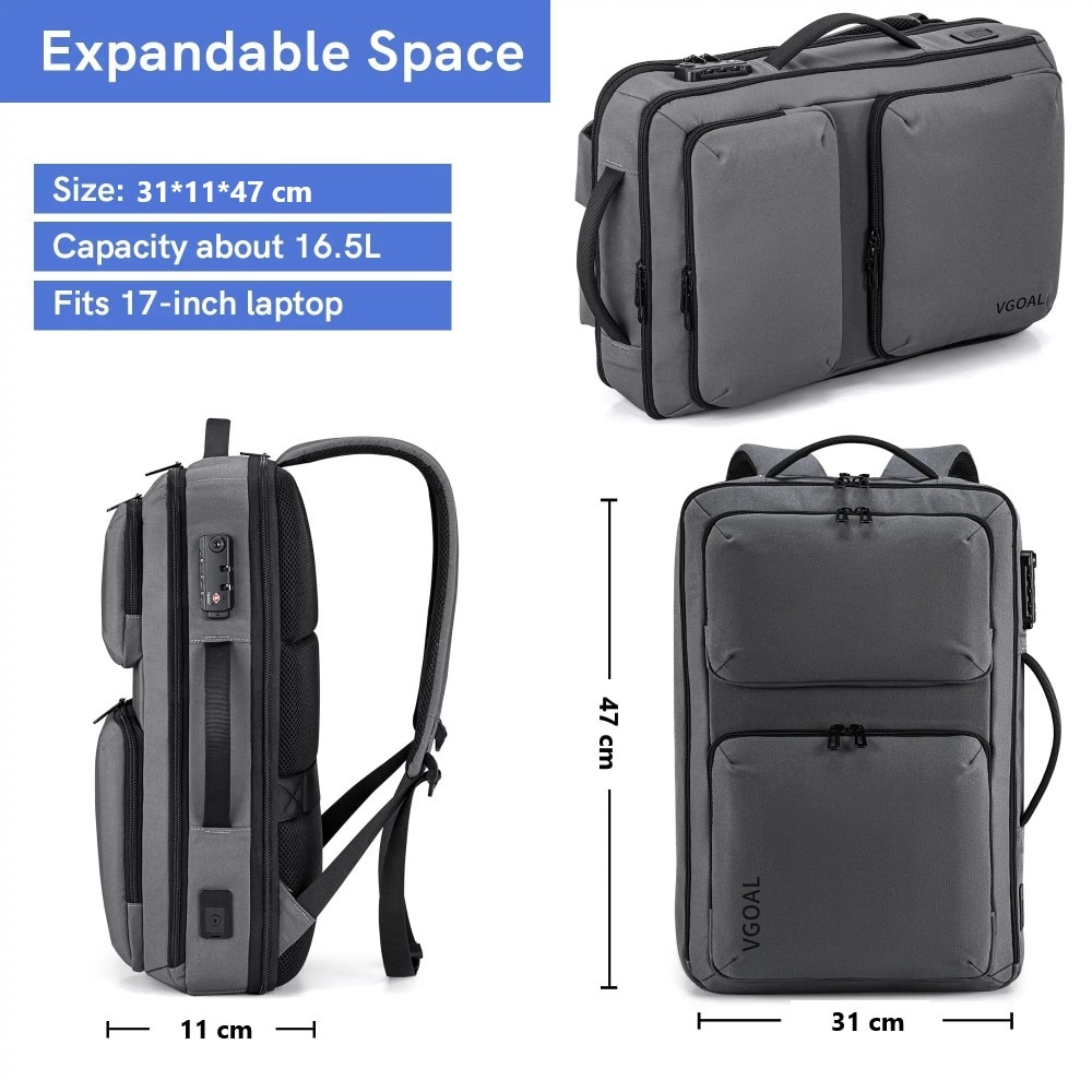 Rucsac laptop 17", smart casual, ingust, impermeabil cu port USB si cifru antifurt, VGOAL, 31x11x47 cm, Gri