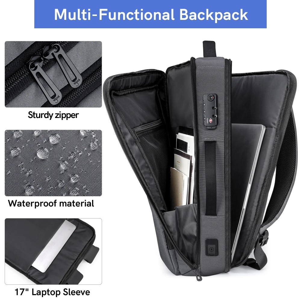 Rucsac laptop 17", smart casual, ingust, impermeabil cu port USB si cifru antifurt, VGOAL, 31x11x47 cm, Gri