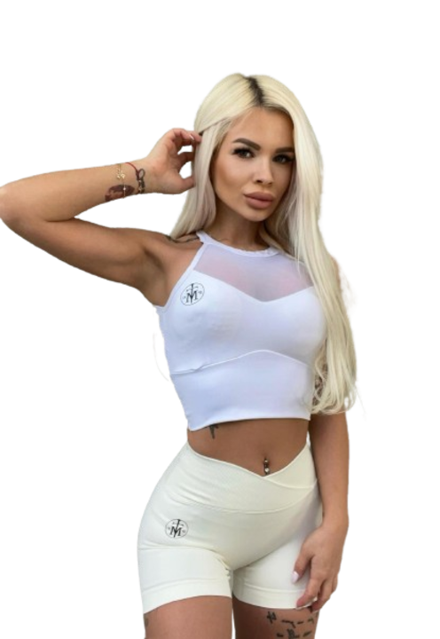 Sport rövid leggings, keresztben magas derék, Scrunch Butt, fehér, M