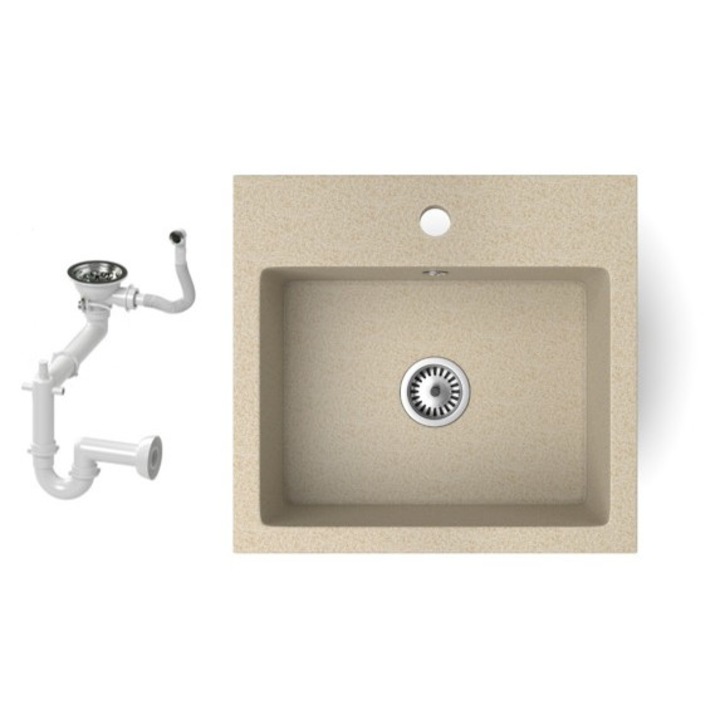 Nero Uno, Gránit mosogató szifon készlettel, 45 cm, Bézs