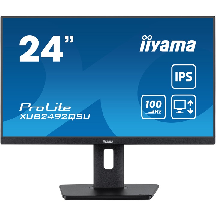 Монитор LED IPS iiyama ProLite XUB2492QSU-B1, 23.8", WQHD, 100MHz, 0.5ms, HDMI, DisplayPort, HUB USB 2x3.2, 1xUSB-C (15W), HAS (150mm) + Pivot, Flicker-free + Blue light