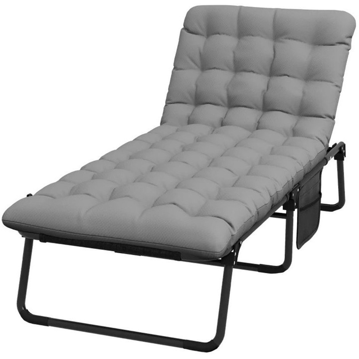 Pat de camping Timeless Tools, Saltea bicolora, Tetiera reglabila in 4 pozitii, Impermeabil, Pliabil, Sarcina maxima 150 kg, 190 x 66 x 28 cm, Gri