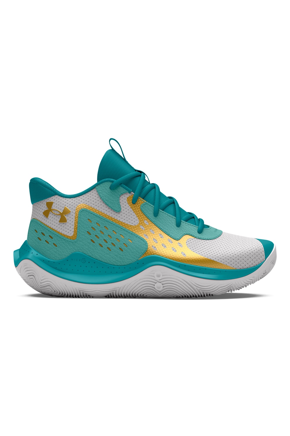Under Armour, Pantofi pentru baschet Jet '23, Auriu, Albastru aquamarin, 38.5 EU