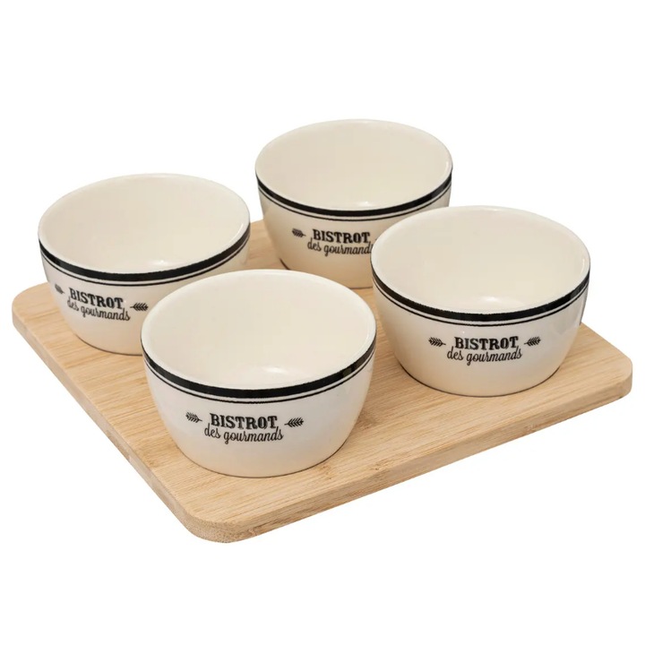 Bistrot tálalókészlet, kerámia, fa, 4 tál, 22 x 22 x M 6,30 cm