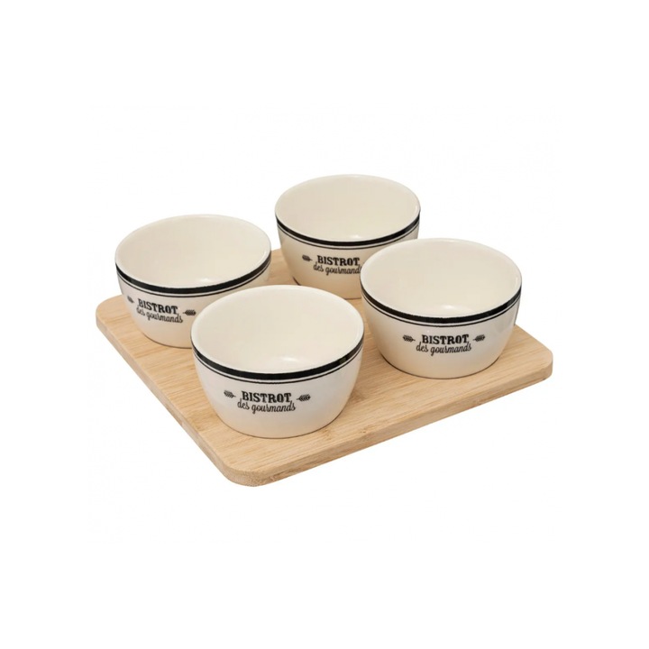 Set servire Bistrot, ceramica, lemn, 4 boluri, 22 x 22 x H 6.30 cm
