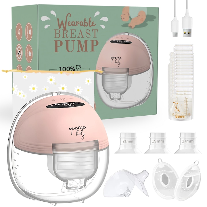 Pompa de San Electrica OPERCE™️, Portabila, 3 Moduri, 12 Niveluri Intensitate, Anti-Scurgere, Anti-Reflux, Fara BPA, Zgomot Redus, Capacitate 180ml, Reincarcabila, 25 Pungi Lapte, 2 Colectoare, 2 Insertii, 2 Protectii si Husa Depozitare Incluse, Roz