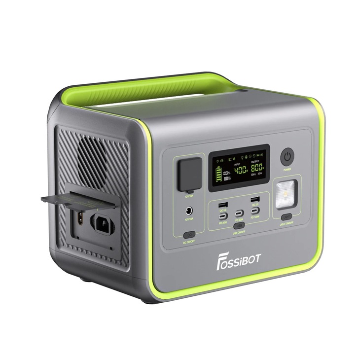 Fossibot F800 Green hordozható töltőállomás, 800W, 512Wh, LCD képernyő, BMS védelem, 8 kimenet, LED zseblámpa, SOS