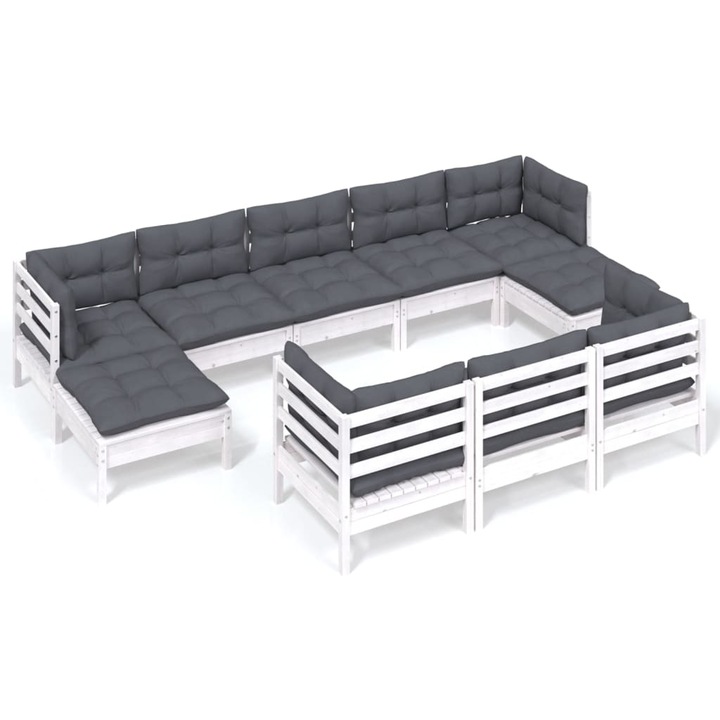 Set mobilier de gradina cu perne, vidaXL, 10 piese, alb lemn masiv pin, 63.9 kg 3097140
