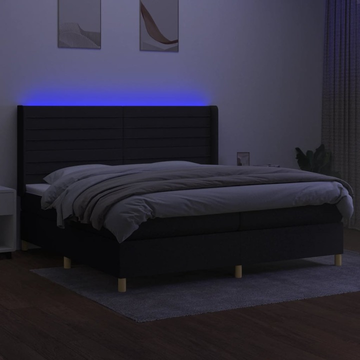 Pat cu arcuri vidaXL, saltea si LED, negru, 200x200 cm, textil, 60.22 kg