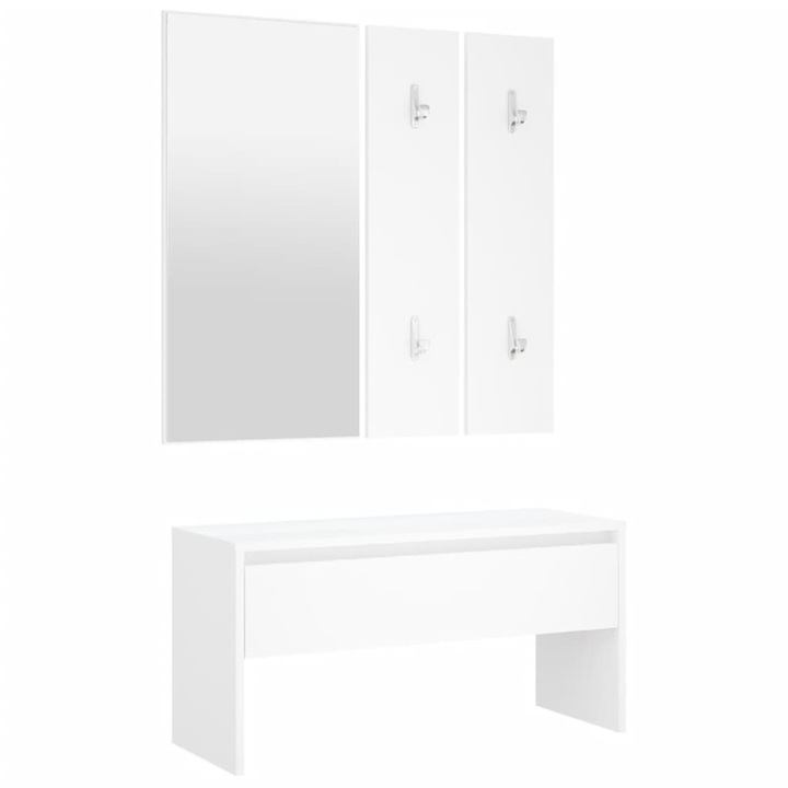 Set mobilier pentru hol, Zakito Europe, banca cu sertar, oglinda, agatatoare, alb, 80x30.5x40cm, lemn