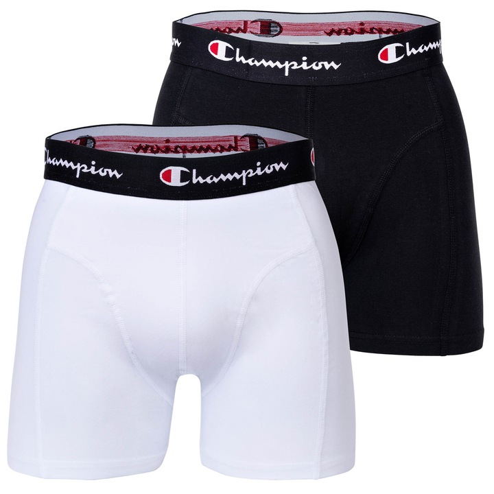 Champion, Set de boxeri cu banda logo - 2 perechi, Alb/Negru